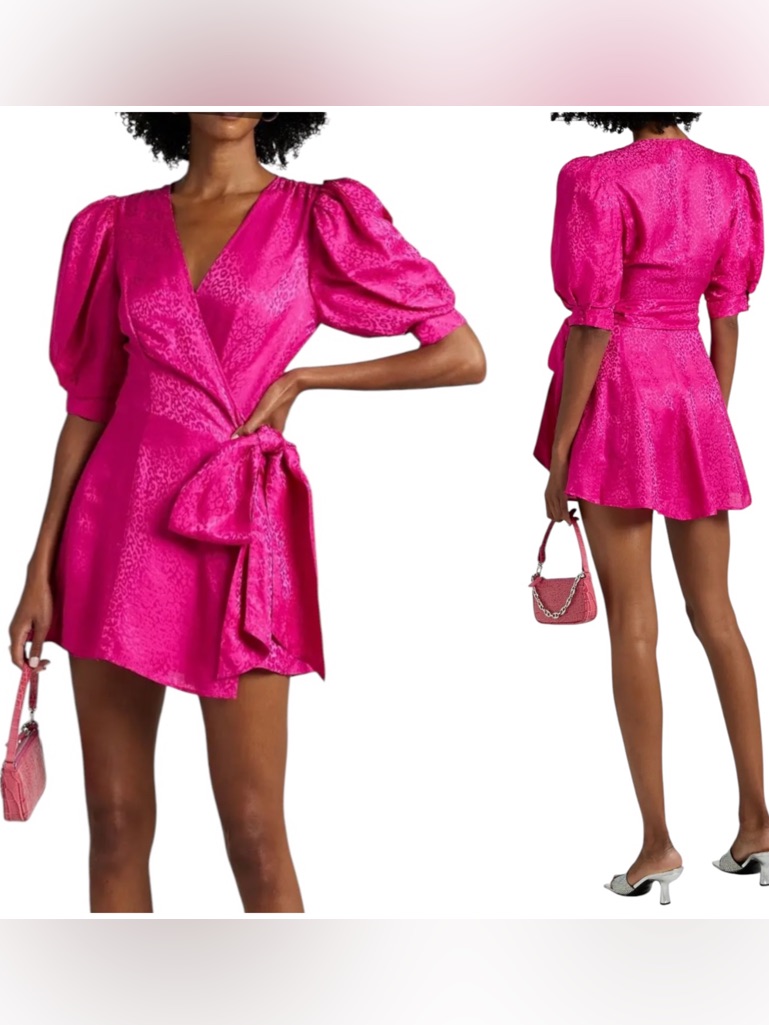 Ronny Kobo Anna Silk/Viscose Hot Pink Puff Sleeves Wrap Mini Dress Nwt $669